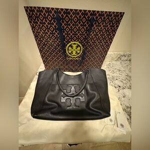 Tory Burch Black Pebbled Leather Tote Bag Large Logo Shoulder Bag